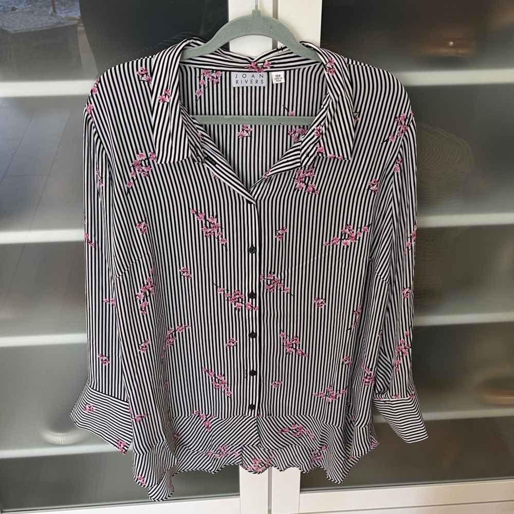 Joan Rivers Striped Blouse with Pink Floral Accents